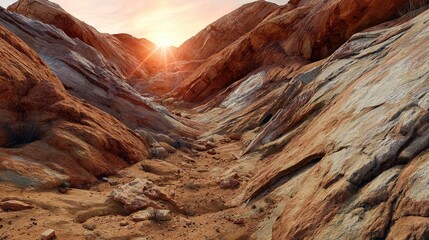 Concept of journey, exploration and solitude: desert canyon leading to distant horizon at sunset, dramatic light and shadow convey hope and adventure