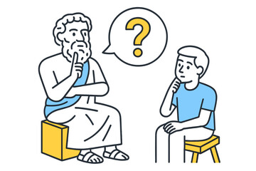 Philosopher engages in thoughtful dialogue with a curious young boy about life's questions