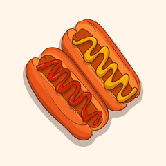 delicious hot dog covered in ketchup and another yellow mustard in illustration design