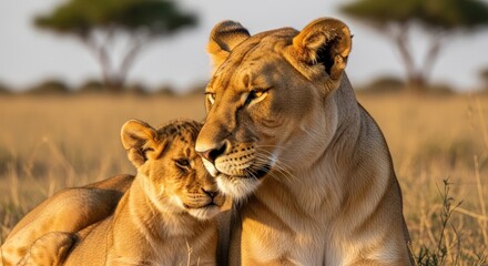 Affectionate Lioness and Cub in African Savannah at Golden Hour