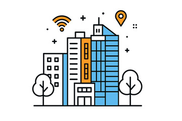 Modern city buildings with wireless signal and location marker in a vibrant illustration representing urban connectivity