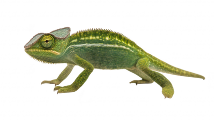 A green chameleon poised on a white background. its unique texture and colors. ideal for educational materials on reptiles and wildlife photography
