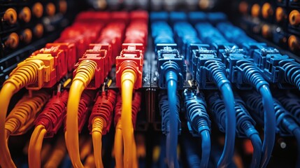 Colorful network cables create a vibrant display in a server environment, symbolizing connectivity and data flow