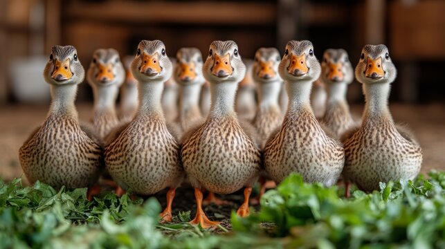 A group of adorable ducks stands in formation, surrounded by vibrant greenery, exuding curiosity and life - Powered by Adobe