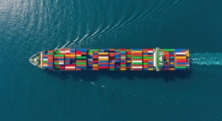 Freight vessel navigating open waters shipping industry aerial view vibrant container colors maritime economy