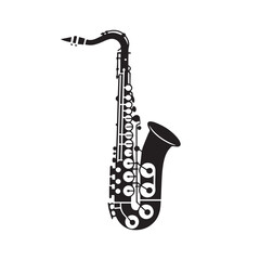 Black silhouette of a saxophone isolated on white background technology background