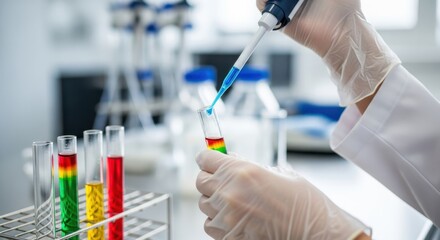Experimenting with colorful reactions in science lab test tubes pipette chemical analysis controlled environment close-up view