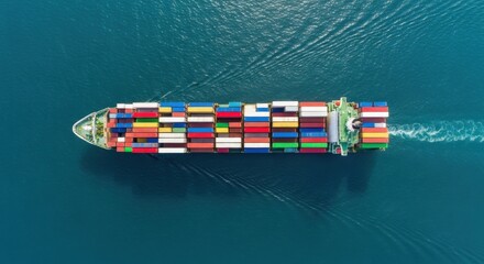 Cargo ship transporting colorful containers across ocean waters aerial view maritime industry vibrant environment
