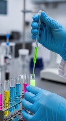 Chemical experimentation in laboratory science research facility test tubes filled with colored solutions close-up view scientific innovation