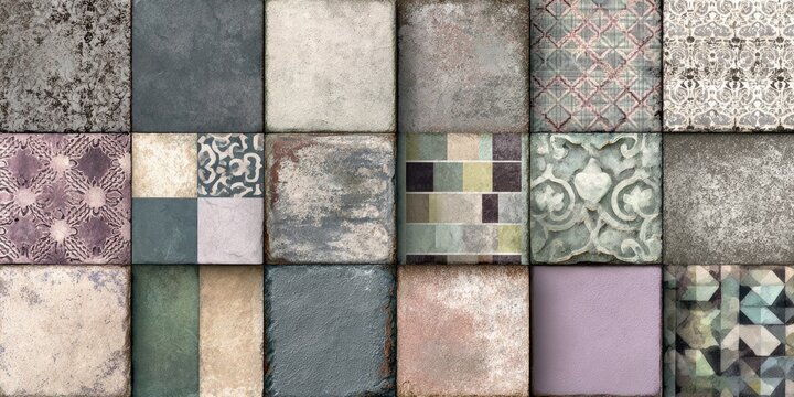 A collage of square tiles showcasing various muted colors, textures, and patterns.  Each tile presents a unique design, ranging from geometric shapes to intricate floral motifs and rustic finishes