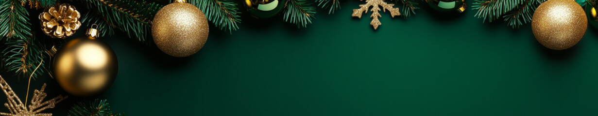Green Christmas background with snowflakes and gold banner