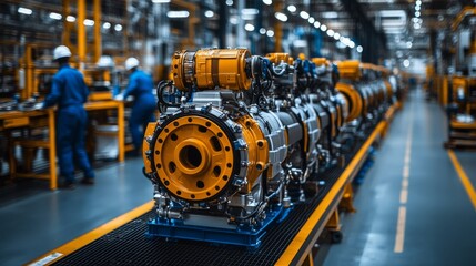 Workers assemble sophisticated engines amid a bustling manufacturing environment, highlighting innovation and teamwork
