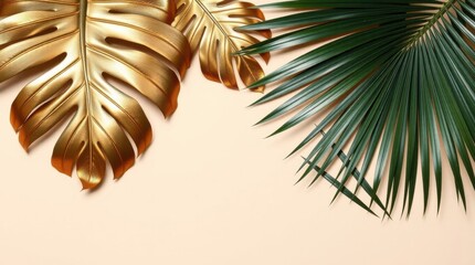 Layered Palms and Monstera in Shades of Gold and Green: A Tropical Composition Framed by Minimalist Warmth