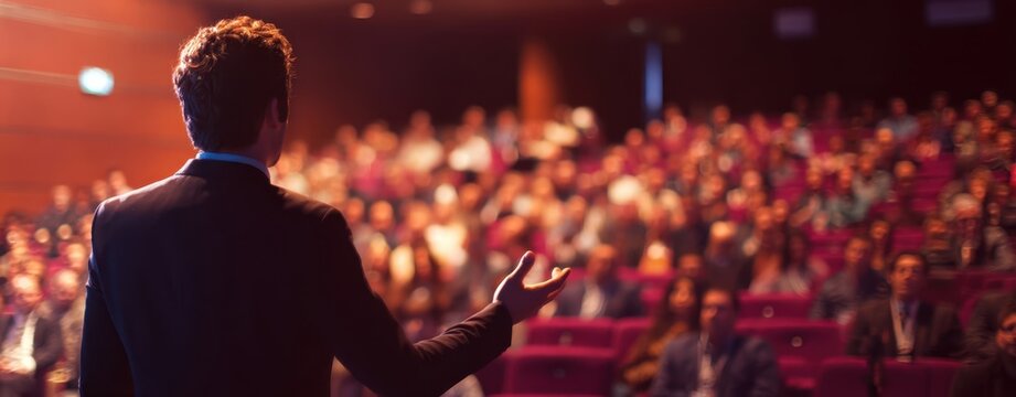 The Speaker Addressing a Large Engaged Audience in a Conference Auditorium