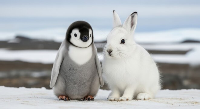 Adorable Emperor Penguin Chick and Arctic Hare Together in Snowy Antarctica Landscape