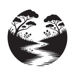 Circular silhouette of an african savanna landscape with acacia trees, a winding river, and grass, isolated on white background technology background