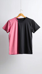 Realistic Unisex Black and Pink T Shirt Mockup Flat Hanging on Neutral Background