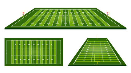 This illustration showcases various perspectives of a vibrant green American football field, complete with yard lines and goalposts, ready for competitive play. © handal