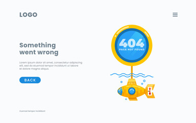 Wrong webpage layout 404 error page not found message template background screen for websites under construction. With submarine and periscope search illustration. Isolated