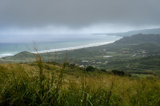 Cherry Tree Hill in Barbados on a rainy, foggy day. Fitting for Scotland district. View of Walkers Beach, Chalky Mount, Savannah, Walker's, Corbins Village, Windy Hill, Saint Andrew. Selective focus.