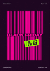 Black Friday Sale Poster Background. Vector Glowing Neon Discount Offer Template with Pink Holographic Text and Sticker. Digital Shopping Deal Promotion Design Layout for Advertising and Social Media