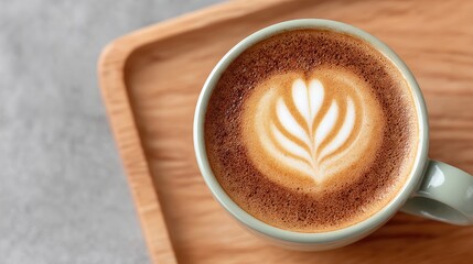 Top View of Latte Art Coffee in Ceramic Cup on Wooden Table Tray with Neutral Gray Background and Soft Natural Lighting
