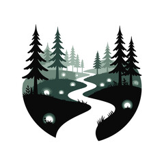 Enchanting forest path with glowing orbs and silhouetted pine trees, creating a magical and mysterious atmosphere in a heart shape technology background