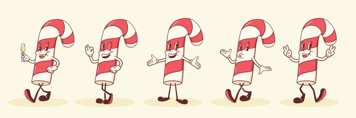 Groovy Christmas Retro Characters Set. Cartoon Santa Candy Cane. Vector Winter Holiday Xmas Sweets Mascot Templates. Happy Vintage Cool New Year Comic Illustrations Collection. Isolated