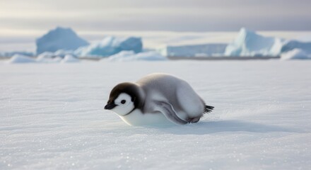 Adorable Emperor Penguin Chick Sliding on Ice in Antarctica