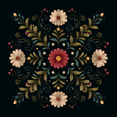 Floral folk art pattern on black background
