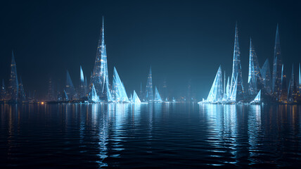 Futuristic ice skyscrapers on water