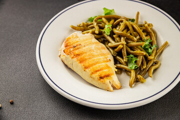 Chicken breast and green beans grilled chicken meat natural product tasty snack fresh delicious gourmet food background on the table rustic top view copy space keto and paleo diet