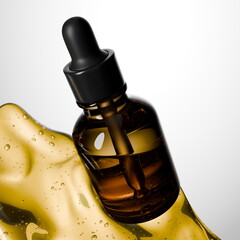 dropper bottle filled with essential oil is positioned on a glossy, golden liquid surface. bright white background enhances the products visibility and elegance. 3d render