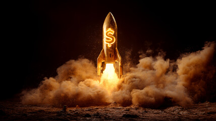 Rocket launch with fire and smoke