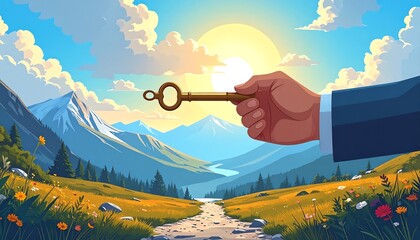 Hand holding key, mountain vista