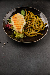 Chicken breast and green beans grilled chicken meat natural product tasty snack fresh delicious gourmet food background on the table rustic top view copy space keto and paleo diet