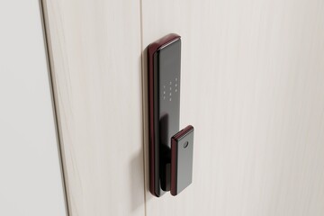 smart lock is installed on a wooden door, showcasing its modern design and security features. door is part of an indoor setting, highlighting contemporary home technology. 3d render