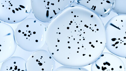 Bubbles of varying sizes are clustered together, revealing a translucent appearance. Each bubble contains small dark specks, creating an intriguing visual effect. 3d render