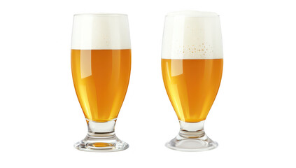 Two glasses of golden beer with frothy tops. placed on a clean white background. the refreshing beverages clarity and color. ideal for beverage marketing or pub promotions