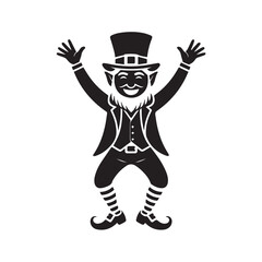 Happy leprechaun with top hat and beard, arms raised in celebration, symbolizing luck and st patricks day, isolated on white background technology background
