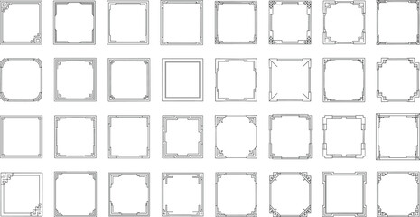 Square decorative frames collection, ornate vintage borders with geometric corner designs, elegant line art outline, vector illustration