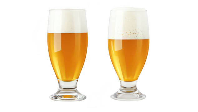 Two glasses of golden beer with frothy tops. placed on a clean white background. the refreshing beverages clarity and color. ideal for beverage marketing or pub promotions