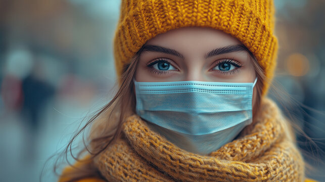 Young woman in yellow hat and scarf wearing face mask during autumn day in the city