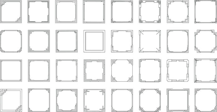 Square decorative frames collection, ornate vintage borders with geometric corner designs, elegant line art outline, vector illustration