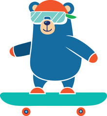 Blue bear wearing sunglasses and orange hat rides teal skateboard vector vector illustration EPS file download.
