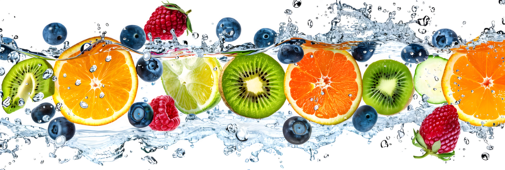 Vibrant fresh fruits splashing into water creating a dynamic wave of healthy goodness perfect for summer drinks and detox campaignsIsolated  to Transparent  Background