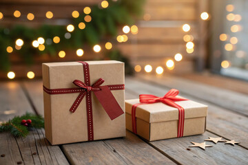 Two wrapped gifts with red ribbons and tags lie on a wooden table decorated with gold stars and a garland of fir branches against a backdrop of Christmas lights
