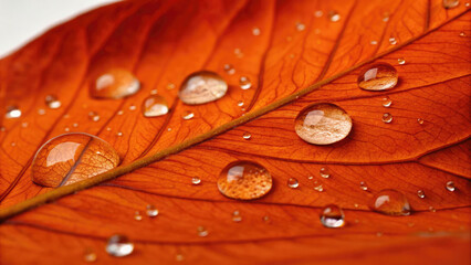 A detailed close-up of water droplets on an orange leaf. Natural background