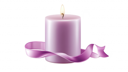 A serene purple candle with a gentle flame. elegantly surrounded by a flowing ribbon. set against a clean white background. perfect for evoking a calming atmosphere in wellness or celebration themes