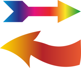 Two vibrant gradient arrows, one straight pointing right with a rainbow spectrum and one curved pointing left with an orange to red gradient.
